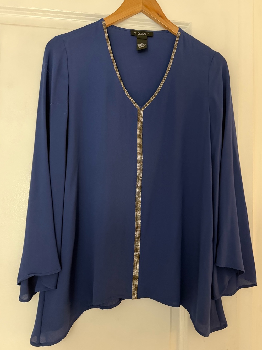 Grace Blue Gold Embellished V-Neck Blouse Small Bell Sleeve Flowy Tunic